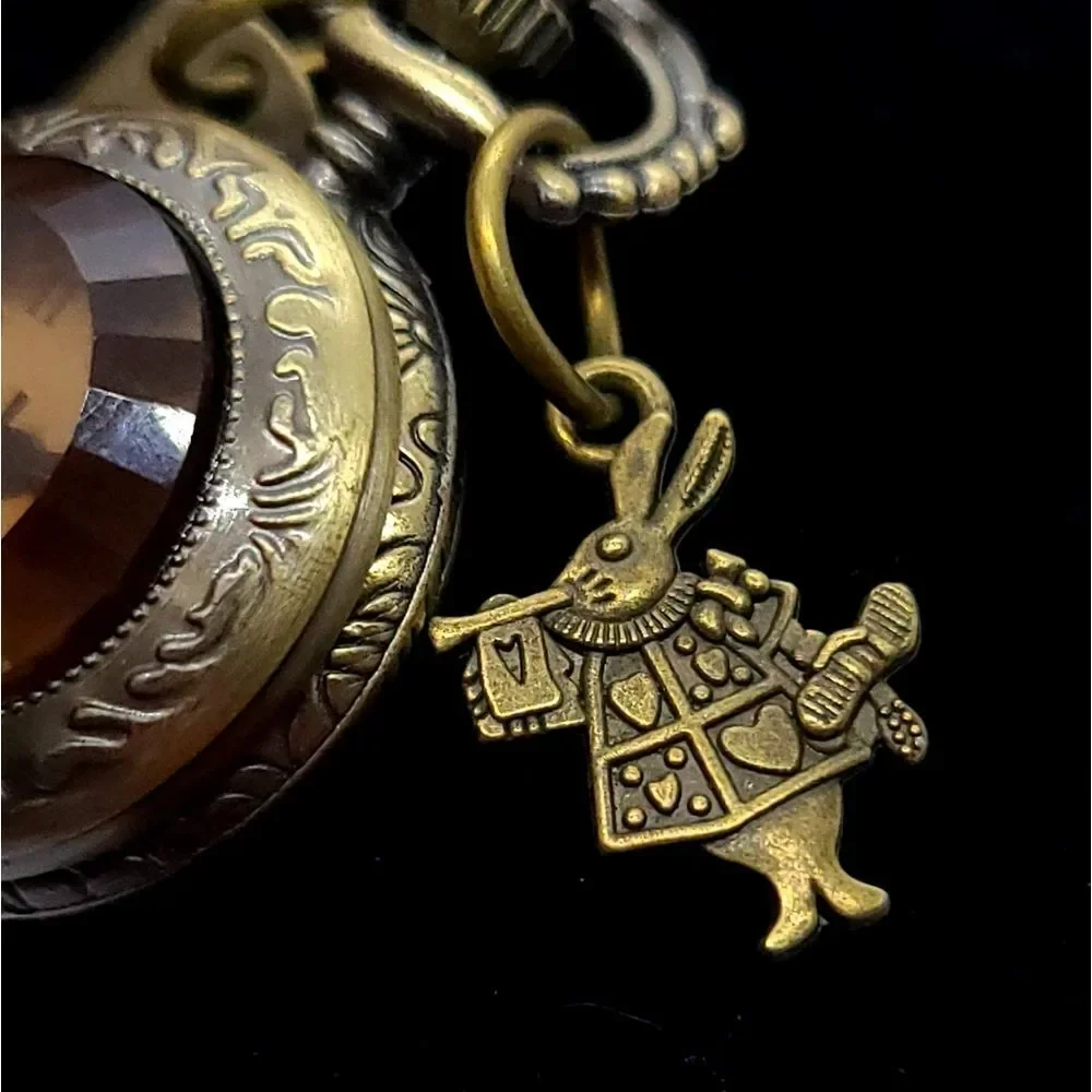 Alice In Wonderland Engraved Antique Bronze Quartz Pocket Watch Necklace Rabbit